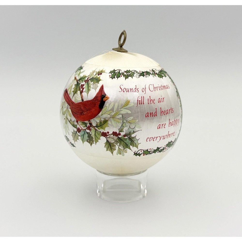 Vintage Satin Spun Silk Christmas Ornament Cardinal Sounds of Christmas Quote 3"